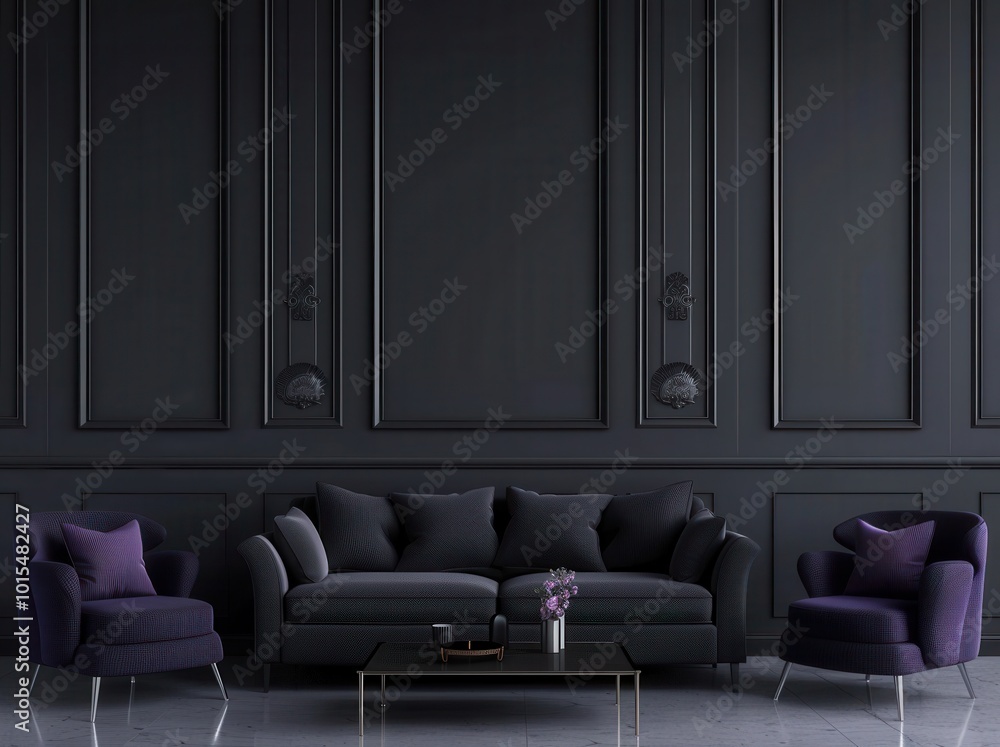 Elegant black living room interior with velvet sofa, armchairs, coffee ...