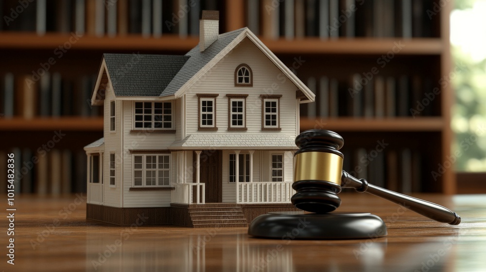 Miniature white house with court gavel, real estate legal representation concept Miniature white house with court gavel, real estate legal representation concept