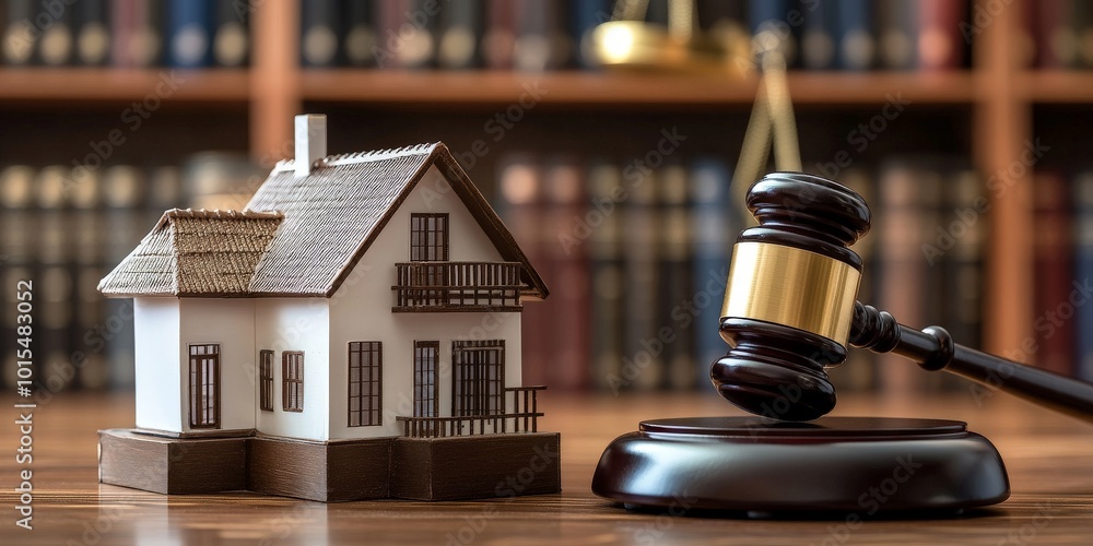 Miniature white house with court gavel, real estate legal representation concept Miniature white house with court gavel, real estate legal representation concept