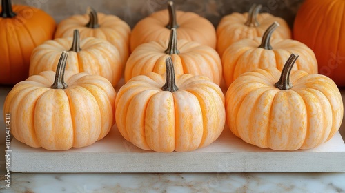 freshly harvested orange halloween pumpkins arranged on white wooden planks showcasing their vibrant color and texture emphasized by warm autumn lighting as a festive decoration for the holiday