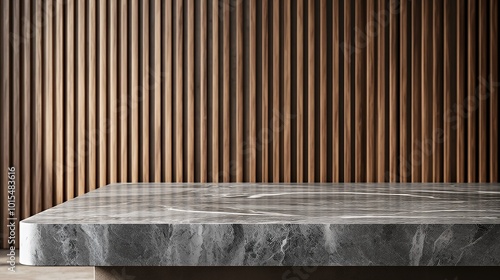 Marble countertop with wooden slat wall background.