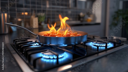 Closeup of a frying pan on a gas stove with flames and tomatoes.