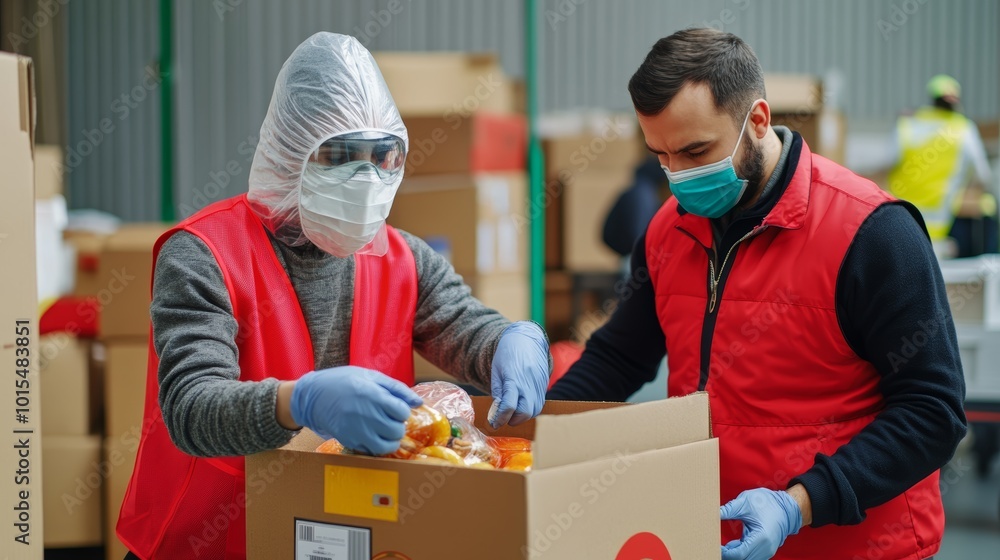 Community volunteer in protective gear helping fight hunger by packing food donations supporting welfare during pandemic and promoting health safety Community volunteer in protective gear helping fight hunger by packing food donations supporting welfare during pandemic and promoting health safety