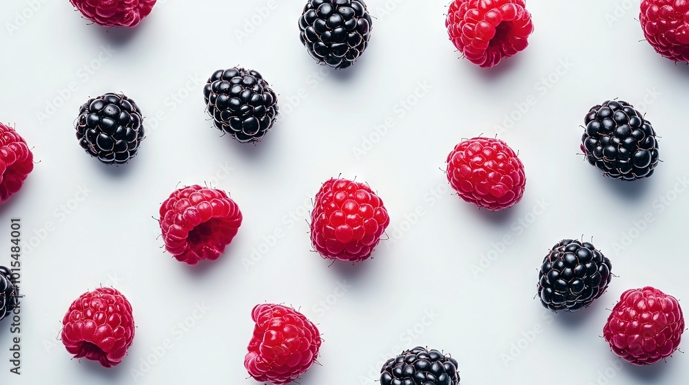 Grouped raspberries and blackberries on white surface, with a central raspberry Grouped raspberries and blackberries on white surface, with a central raspberry