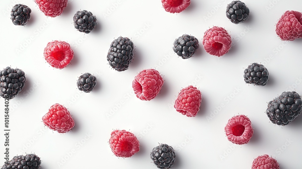 A cluster of raspberries and blackberries on a white background, featuring one central raspberry A cluster of raspberries and blackberries on a white background, featuring one central raspberry
