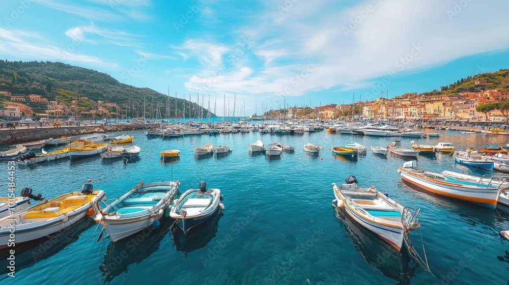 A busy harbor filled with fishing boats, yachts, and sailboats neatly docked at the pier, with calm waters and clear skies A busy harbor filled with fishing boats, yachts, and sailboats neatly docked at the pier, with calm waters and clear skies