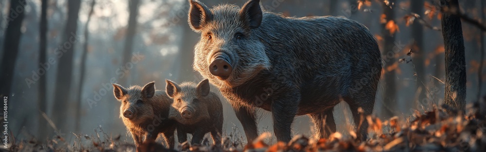 Wild boar mother and babies captured in golden light in forest scene Wild boar mother and babies captured in golden light in forest scene