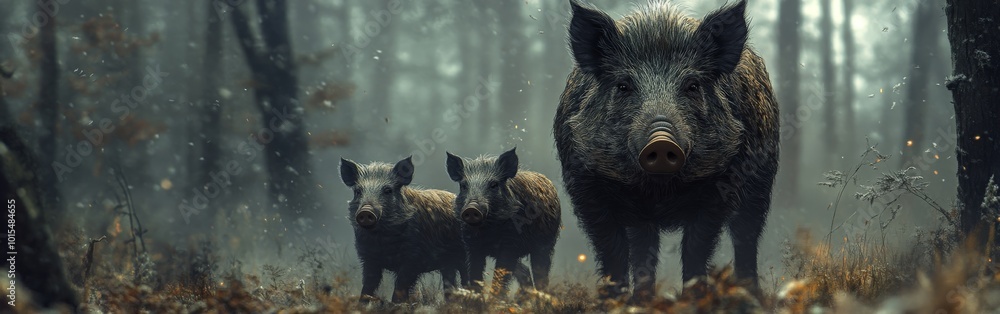 Wild boar mother and babies captured in golden light in forest scene Wild boar mother and babies captured in golden light in forest scene
