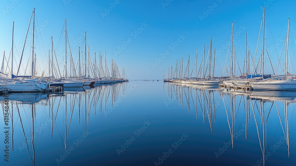 A peaceful marina with rows of boats moored along the dock, their reflections mirrored perfectly in the still water below A peaceful marina with rows of boats moored along the dock, their reflections mirrored perfectly in the still water below