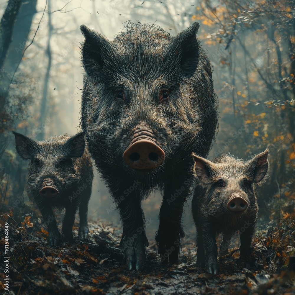 Wild boar mother and babies captured in golden light in forest scene Wild boar mother and babies captured in golden light in forest scene