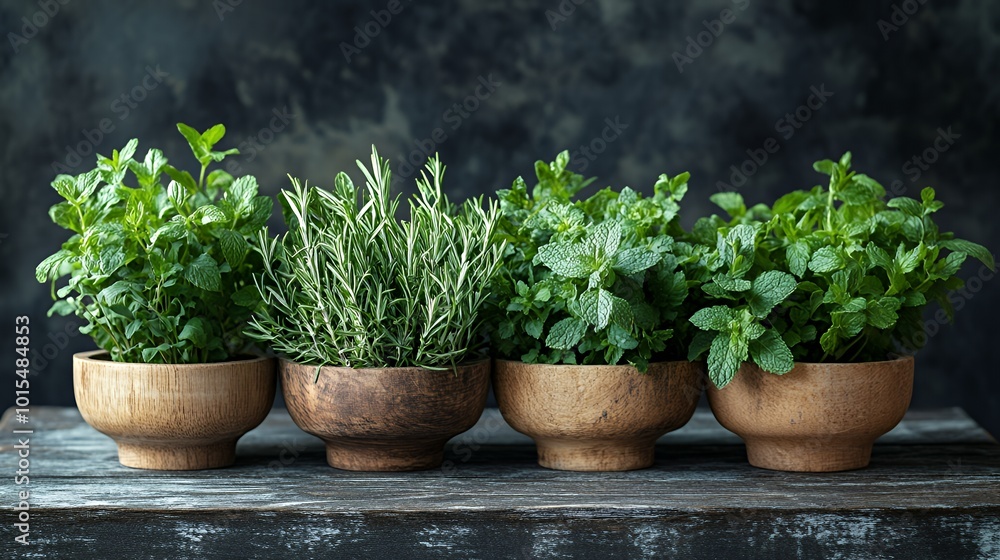 Fresh mint and rosemary herbs in wooden bowls on a rustic wooden table against a dark background. Fresh mint and rosemary herbs in wooden bowls on a rustic wooden table against a dark background.