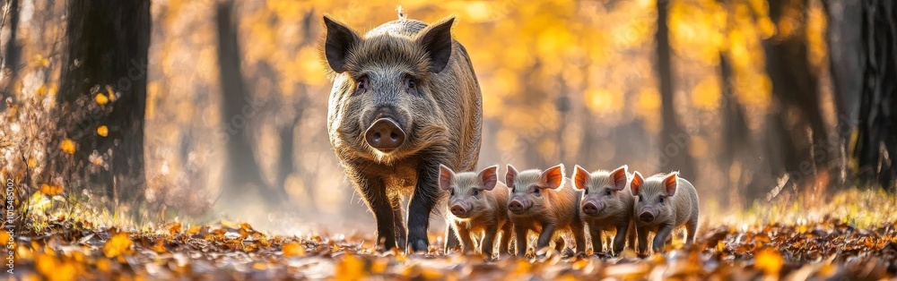 Wild boar mother and babies captured in golden light in forest scene Wild boar mother and babies captured in golden light in forest scene