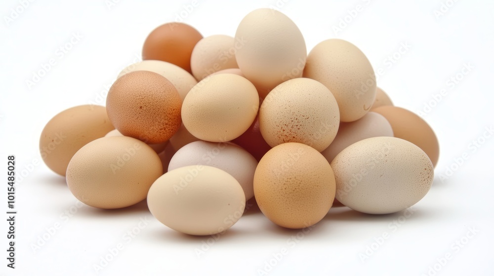 Aesthetic display of fresh chicken eggs piled on a clean white surface symbolizing healthy eating natural farming and organic food choices perfect for culinary art Aesthetic display of fresh chicken eggs piled on a clean white surface symbolizing healthy eating natural farming and organic food choices perfect for culinary art