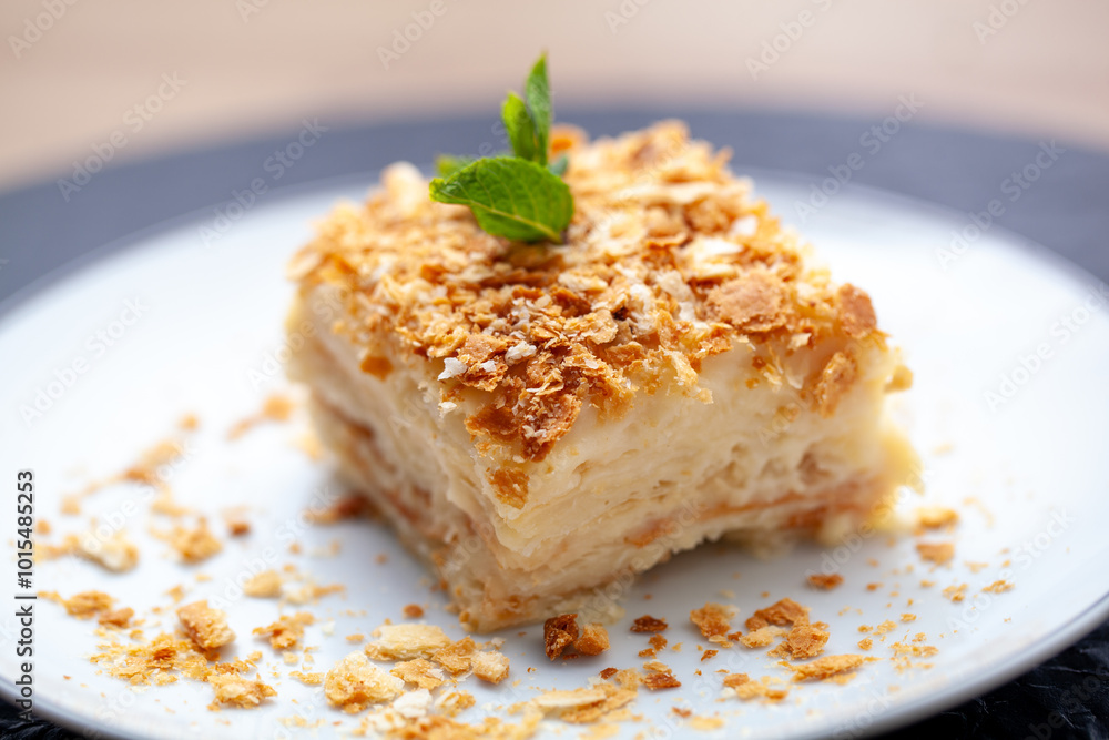 Piece of layered napoleon cake is presented on a plate, featuring flaky pastry, rich custard, and a dusting of crumbs Piece of layered napoleon cake is presented on a plate, featuring flaky pastry, rich custard, and a dusting of crumbs