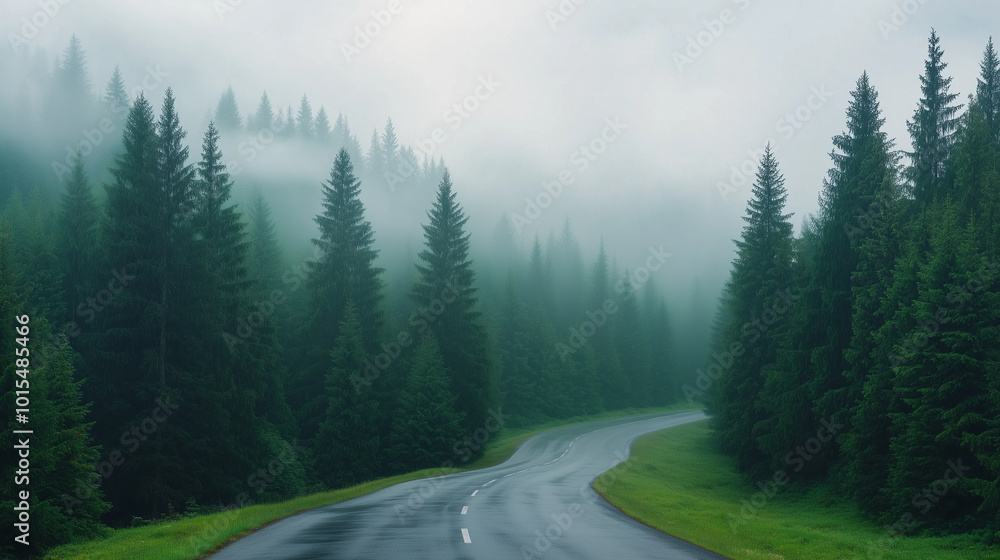 A serene road winds through misty forest, surrounded by tall evergreen trees. atmosphere is tranquil, evoking sense of calm and connection with nature. A serene road winds through misty forest, surrounded by tall evergreen trees. atmosphere is tranquil, evoking sense of calm and connection with nature.