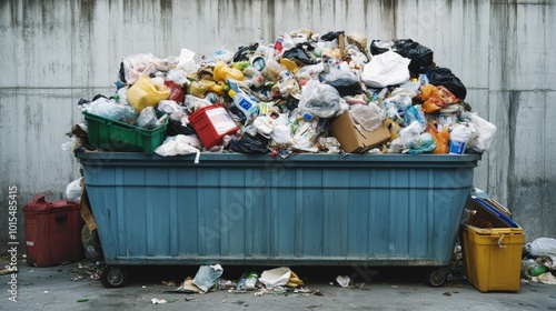 Overloaded Dumpster Overflowing with Household Waste: Unsorted Rubbish Plastic Bags Food Scraps Glass Bottles and Metal for Waste Management Solutions photo