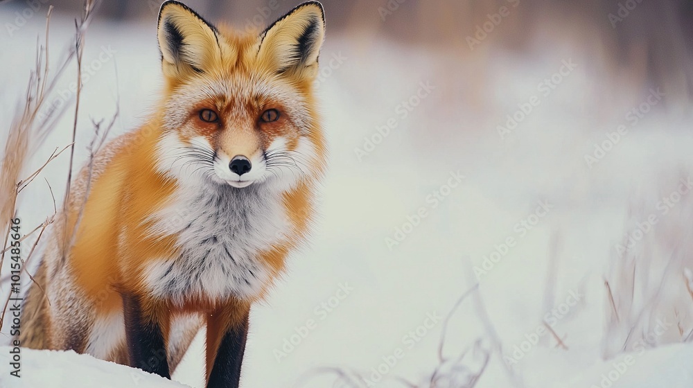 Fototapeta premium A fox in snowy field with trees in background and grass in foreground