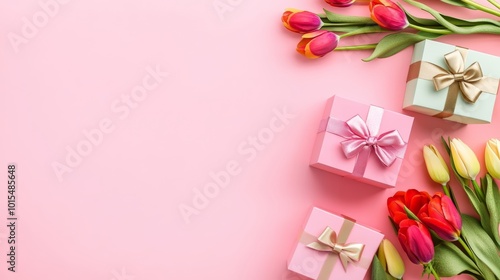 Elegant Mother's Day celebration with vibrant tulips gift boxes adorned with ribbons on a soft pastel pink backdrop for a heartfelt surprise