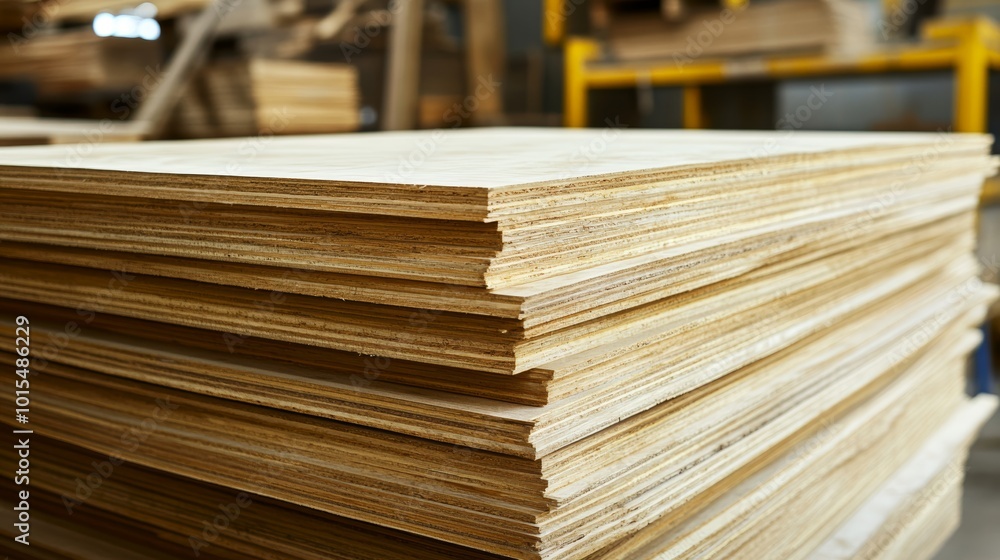 Stacks of plywood in a spacious workshop with an industrial backdrop showcasing craftsmanship and raw materials for construction and woodworking projects Stacks of plywood in a spacious workshop with an industrial backdrop showcasing craftsmanship and raw materials for construction and woodworking projects