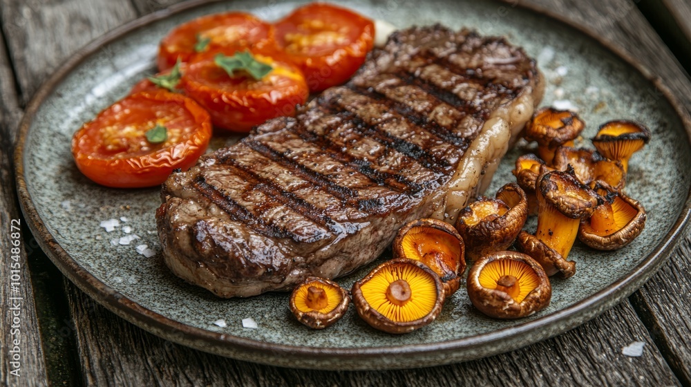 Sizzling Summer BBQ Delight: Grilled Porterhouse Steak with Fresh Chanterelle Mushrooms and Roasted Tomatoes on Rustic Plate for Gourmet Cooking Experience Sizzling Summer BBQ Delight: Grilled Porterhouse Steak with Fresh Chanterelle Mushrooms and Roasted Tomatoes on Rustic Plate for Gourmet Cooking Experience