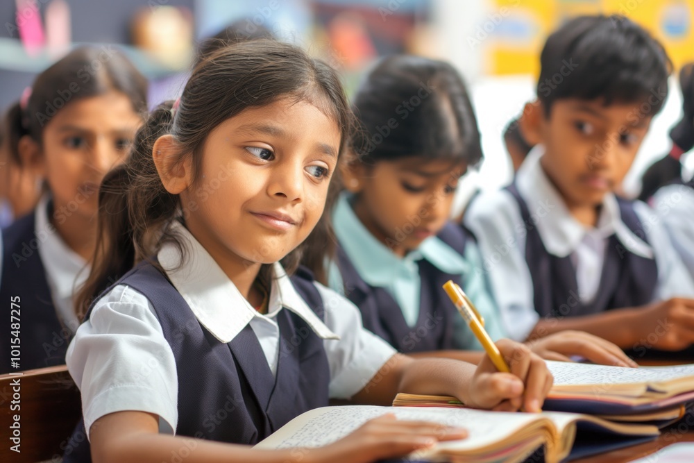 Classroom scene with group of children studying hard from books. Asian kids in uniform, casual wear seated at desks. Focused on work with pencils, pens. Educational materials, books fill room. Classroom scene with group of children studying hard from books. Asian kids in uniform, casual wear seated at desks. Focused on work with pencils, pens. Educational materials, books fill room.