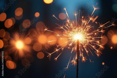 Close-up of a sparkler, with glowing, out-of-focus lights creating a bokeh effect behind it