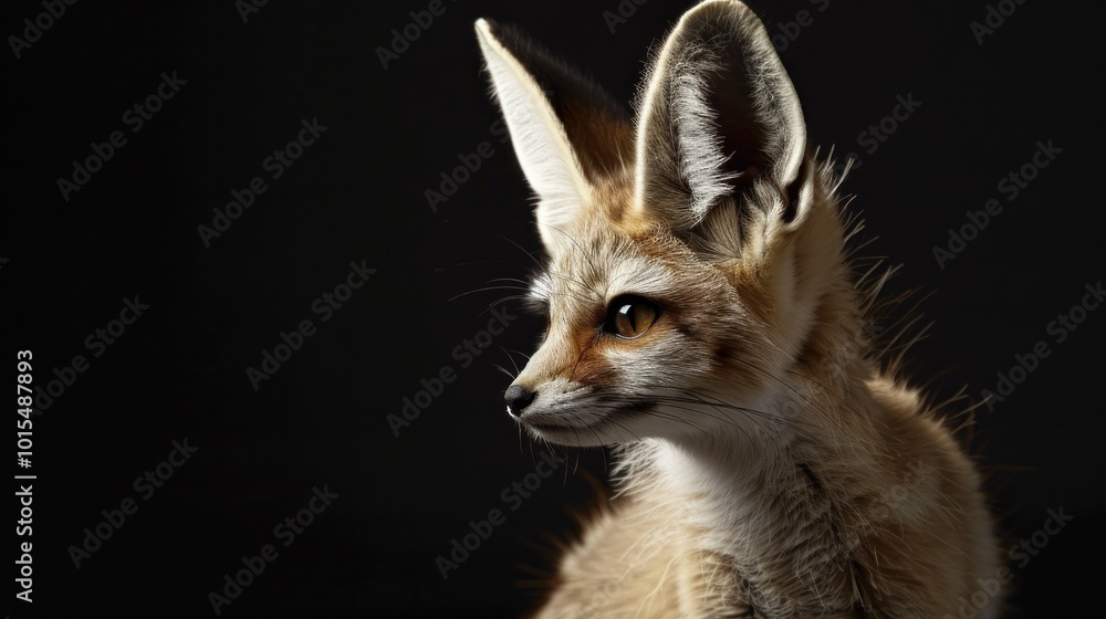 Fennec Fox Side View Portrait with Big Ears against Dark Background, Captured in Natural Light, Animal Photography Concept Fennec Fox Side View Portrait with Big Ears against Dark Background, Captured in Natural Light, Animal Photography Concept