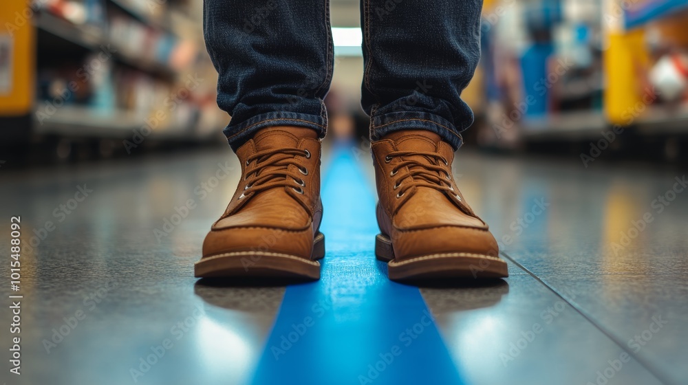 Shoes positioned near a blue social distancing line in retail space illustrating safety measures and queue management during shopping for public health awareness Shoes positioned near a blue social distancing line in retail space illustrating safety measures and queue management during shopping for public health awareness