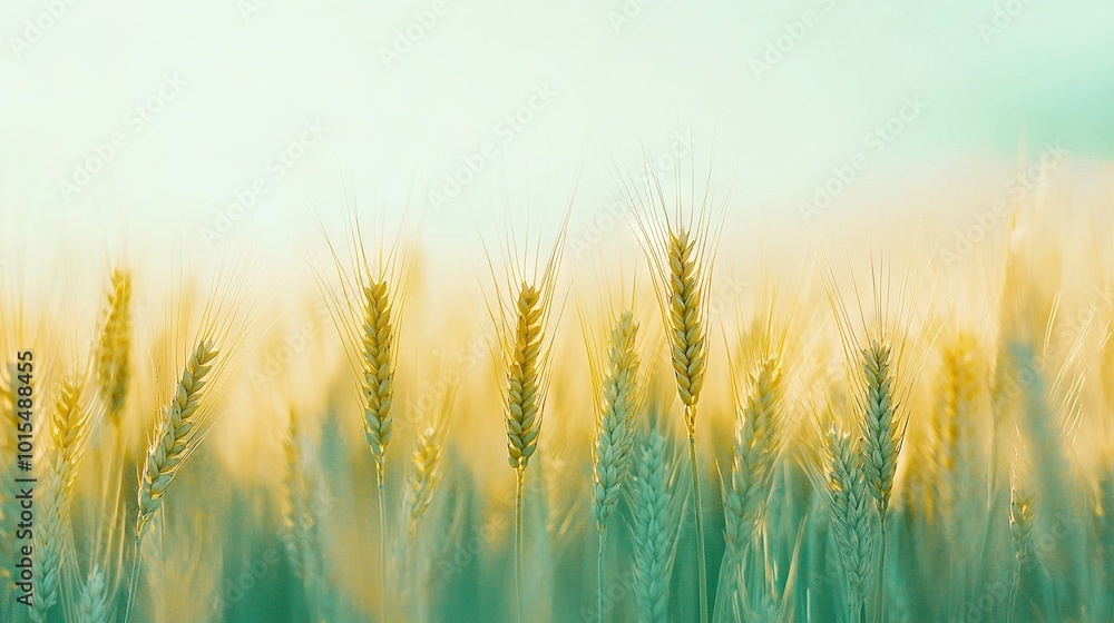 A wheat field under bright sunlight with a blue backdrop of sky and clouds A wheat field under bright sunlight with a blue backdrop of sky and clouds