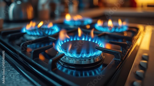 kitchen stove burner with blue flame igniting emphasizing the rising costs of gas in the current economic climate portrayed in an engaging horizontal banner that captures attention