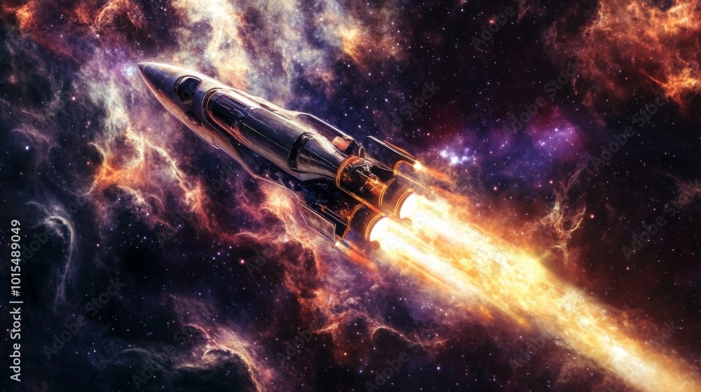 A spaceship with a large, transparent cockpit flies through the vast expanse of space, its engines blazing with fire and leaving a bright trail behind it A spaceship with a large, transparent cockpit flies through the vast expanse of space, its engines blazing with fire and leaving a bright trail behind it