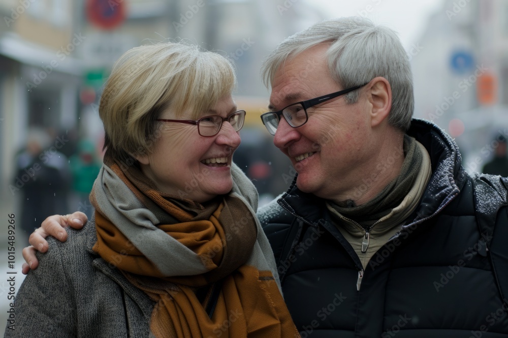 Mature couple in love on the streets of the city in winter Mature couple in love on the streets of the city in winter