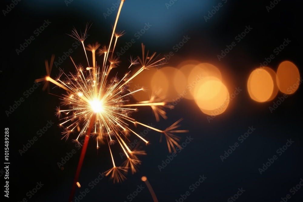 Fototapeta premium The sparkler shines brightly in the foreground, with blurred lights softly fading behind it