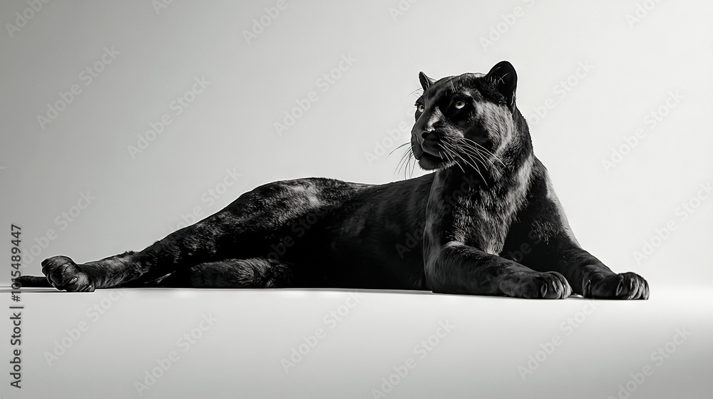 A monochromatic image depicts a leopard reclining on the ground, with its head inclined to the side A monochromatic image depicts a leopard reclining on the ground, with its head inclined to the side