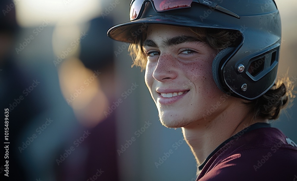 Side profile of a smiling baseball player wearing a helmet and sports jersey during a sunny day on the field Side profile of a smiling baseball player wearing a helmet and sports jersey during a sunny day on the field