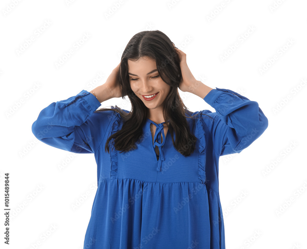 Beautiful young woman in stylish blue dress on white background Beautiful young woman in stylish blue dress on white background