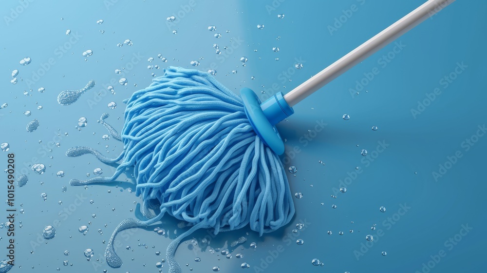 A top-down view of a blue mop cleaning a floor, with scattered water droplets. The scene is perfect for representing cleanliness, home maintenance, and cleaning products for commercial or household