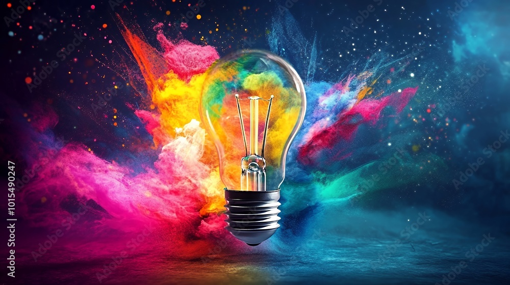 A light bulb with colorful smoke behind it. A light bulb with colorful smoke behind it.