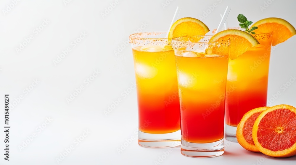 Vibrant Tequila Sunrise Cocktails in Colorful Glasses Against a White Background for Summer Refreshment Beach Vibes and Tropical Celebration Vibrant Tequila Sunrise Cocktails in Colorful Glasses Against a White Background for Summer Refreshment Beach Vibes and Tropical Celebration