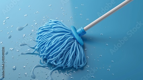 Obraz na płótnie A top-down view of a blue mop cleaning a floor, with scattered water droplets. The scene is perfect for representing cleanliness, home maintenance, and cleaning products for commercial or household w salonie