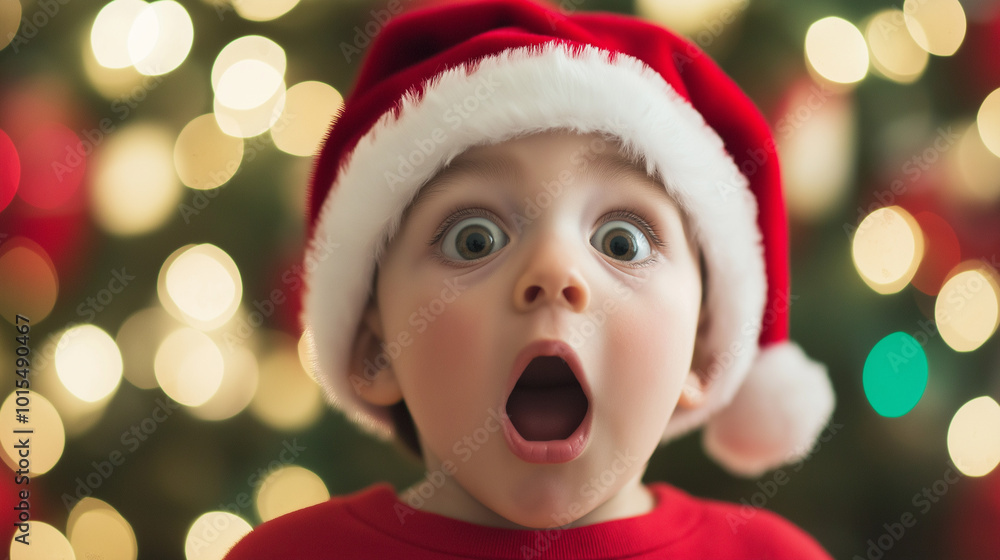 Toddler in Santa hat, surprised and excited with Christmas lights in background for festive delight. Little boy, holiday wonder and open mouth in portrait with bright, colorful tree lights Toddler in Santa hat, surprised and excited with Christmas lights in background for festive delight. Little boy, holiday wonder and open mouth in portrait with bright, colorful tree lights