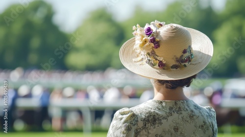 Elegant racegoer sporting a stylish hat at a vibrant horse racing event celebrating fashion excitement and social gatherings in the world of equestrian sports photo