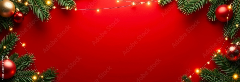 festive Christmas-themed border frame composed of pine branches with red baubles and Christmas lights on red background. seasonal promotions, e-commerce, website header, email newsletter concept festive Christmas-themed border frame composed of pine branches with red baubles and Christmas lights on red background. seasonal promotions, e-commerce, website header, email newsletter concept