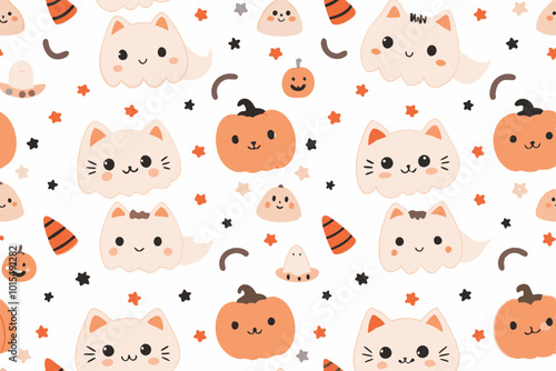  Seamless Pattern Kawaii Cute Cat Ghost Graphic