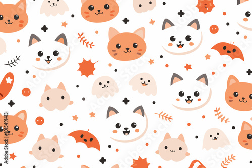  Seamless Pattern Kawaii Cute Cat Ghost Graphic