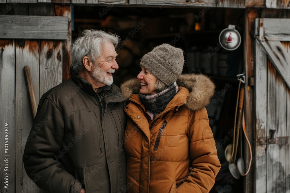 happy senior couple in winter clothes looking at each other and smiling on wooden background happy senior couple in winter clothes looking at each other and smiling on wooden background