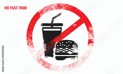 grunge No food and drink allowed symbol, grunge icon No Fast Food, Isolated illustration of do not bring food and drink inside, no food allowed round sing white circle red crossed out.eps