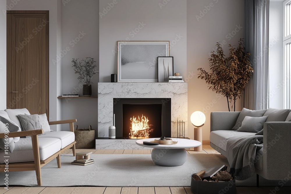 Cozy Scandinavian living room with fireplace, gray sofa. Beige carpet, gray armchair, coffee table, gray rug create calm atmosphere. White fireplace, radiator, mantel. Gray vase on coffee table, Cozy Scandinavian living room with fireplace, gray sofa. Beige carpet, gray armchair, coffee table, gray rug create calm atmosphere. White fireplace, radiator, mantel. Gray vase on coffee table,