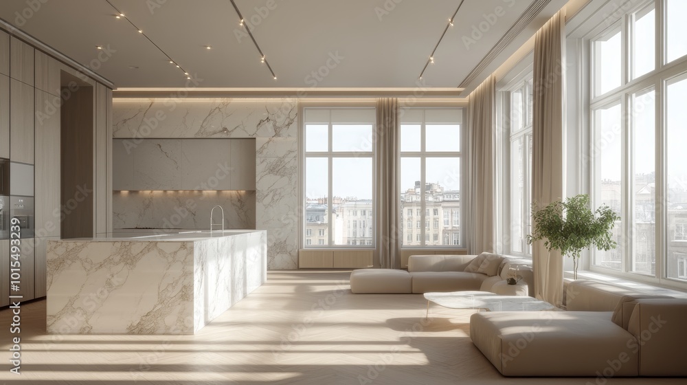 Obraz premium Light Luxury Minimalist Apartment Interior Design with Marble Accents and Expansive Windows Infusing Natural Daylight into Modern Living Spaces