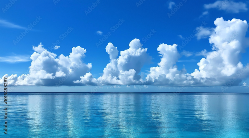 Blue sky with white clouds and an ocean background, a panoramic view of a beach with a horizon line, a summer vacation concept captured with a wide-angle lens in natural light,calm sea water, clear we Blue sky with white clouds and an ocean background, a panoramic view of a beach with a horizon line, a summer vacation concept captured with a wide-angle lens in natural light,calm sea water, clear we